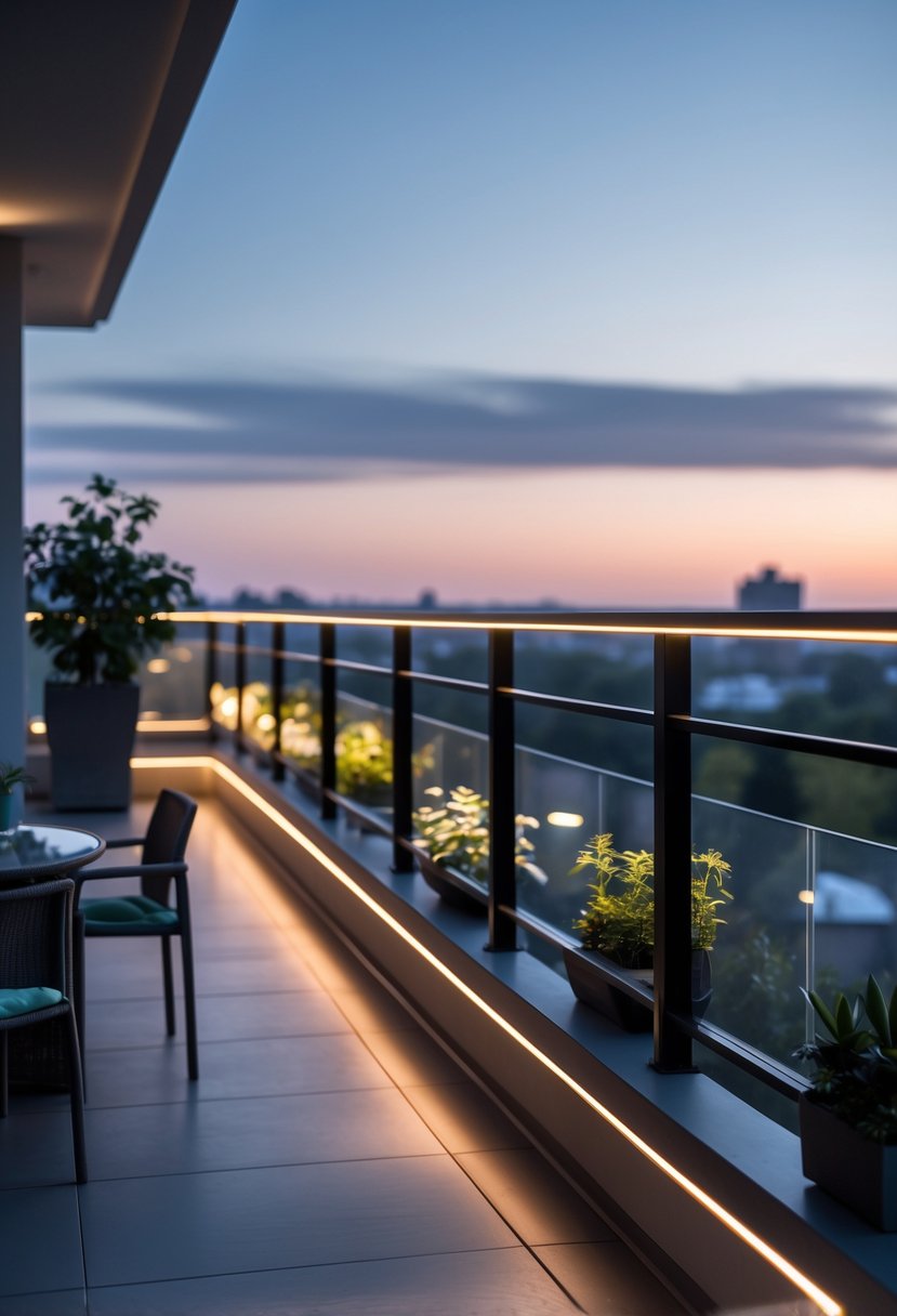 A balcony at dusk with LED strip lights along the railing edges, outdoor furniture, and plants.