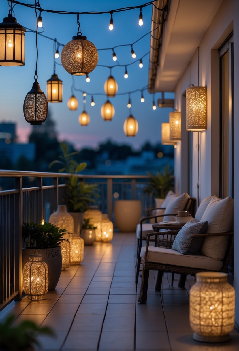 A cozy balcony at twilight featuring various weather-resistant artistic lighting fixtures including lanterns, string lights, and wall sconces, illuminating the outdoor space with a warm glow.