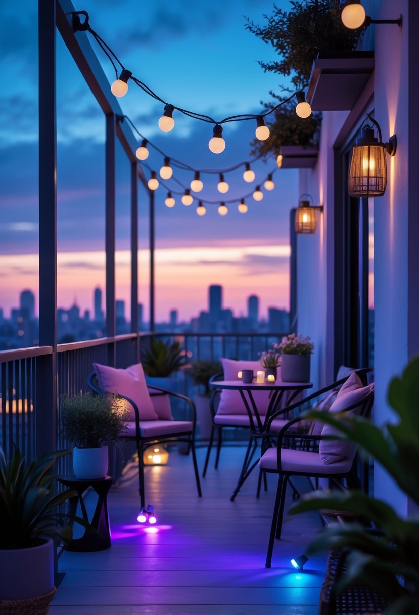A balcony at dusk lit by colorful LED lights with outdoor furniture and plants.
