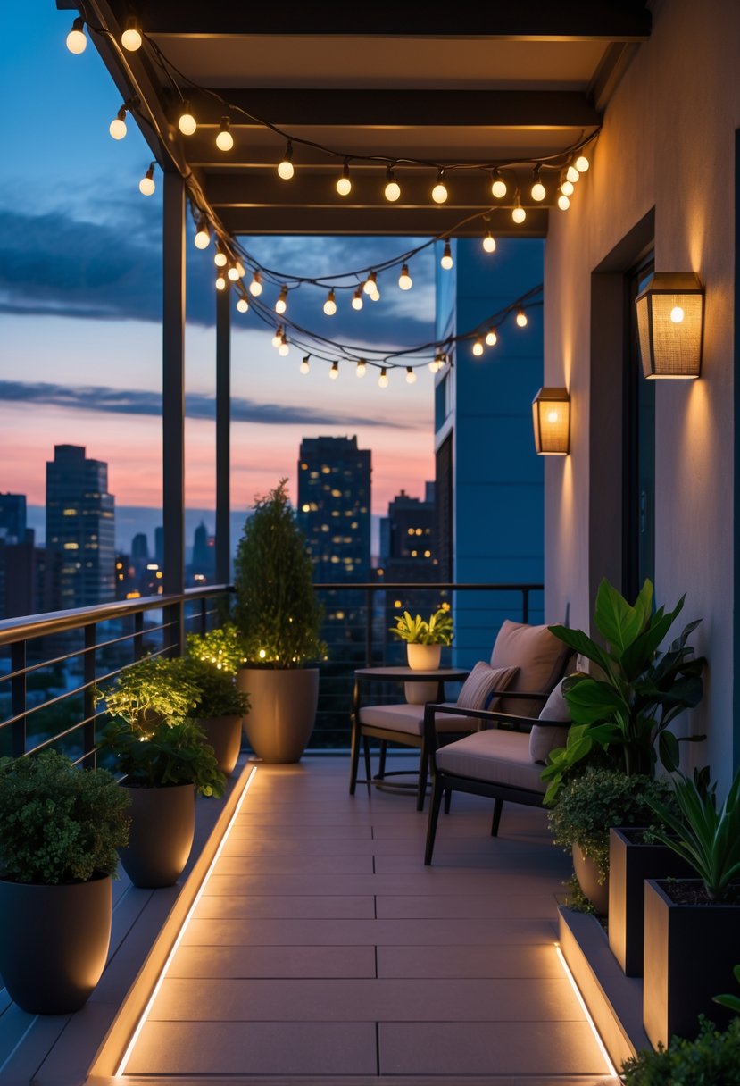 A balcony at dusk with cozy seating, plants, and various warm lights including string lights and lanterns, overlooking a city skyline.