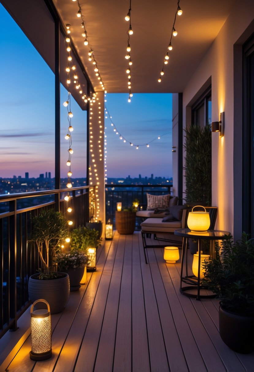 A modern balcony at dusk with various creative lighting including string lights, lanterns, floor lights, and wall sconces, surrounded by plants and outdoor furniture.