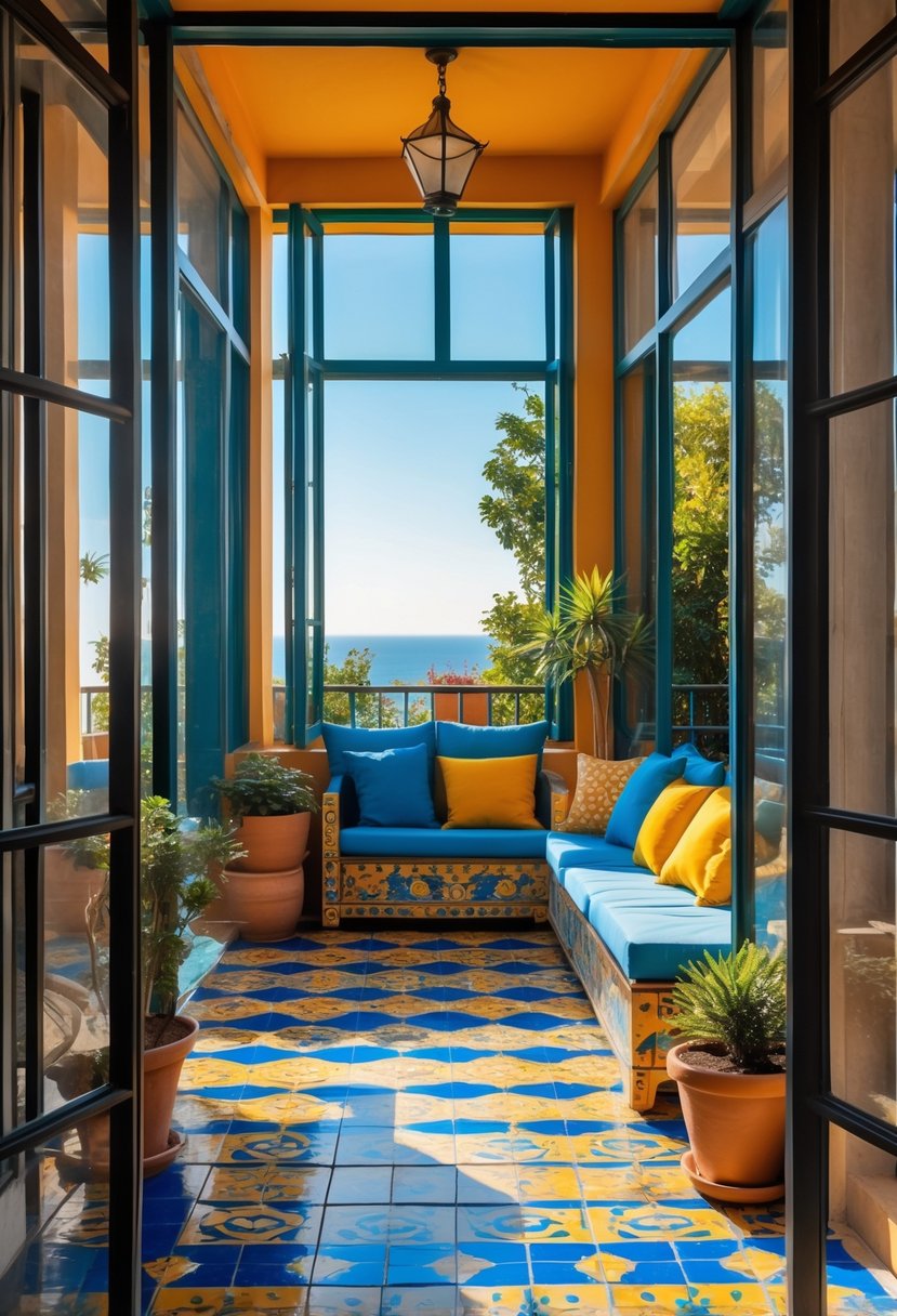 An enclosed balcony with colorful patterned tiles, comfortable seating, plants, and large glass windows letting in sunlight.