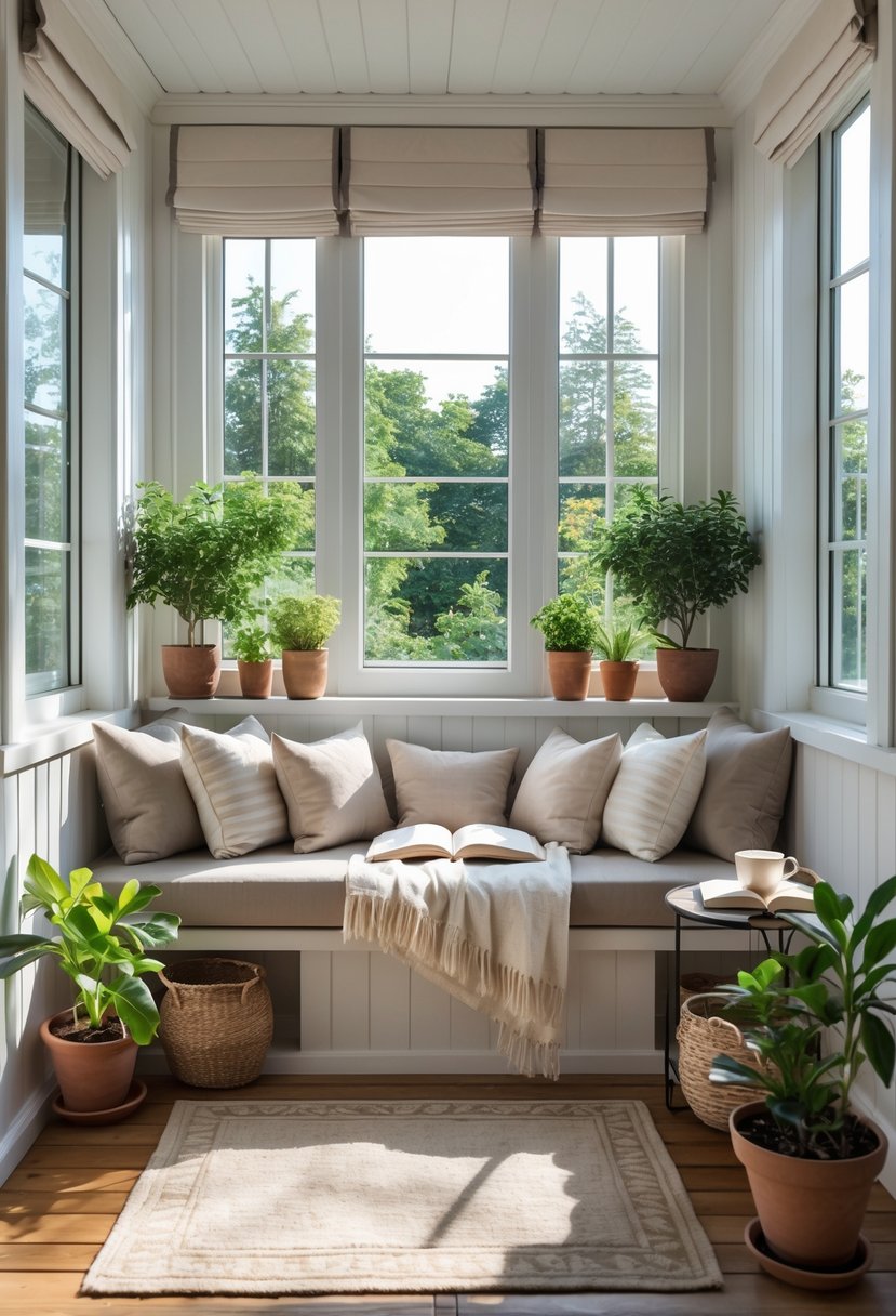 A cozy reading nook with built-in seating on an enclosed balcony, surrounded by large windows and plants.