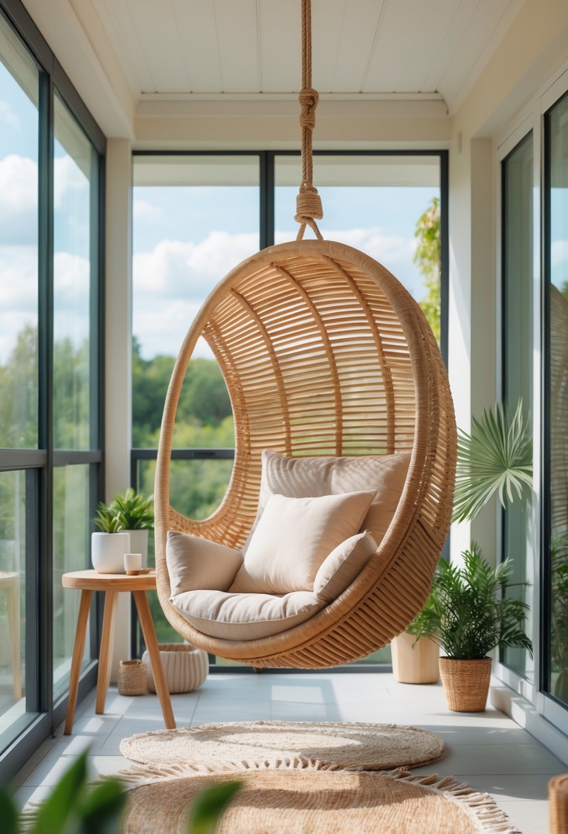 An enclosed balcony with a hanging chair, plants, and natural light creating a relaxing atmosphere.