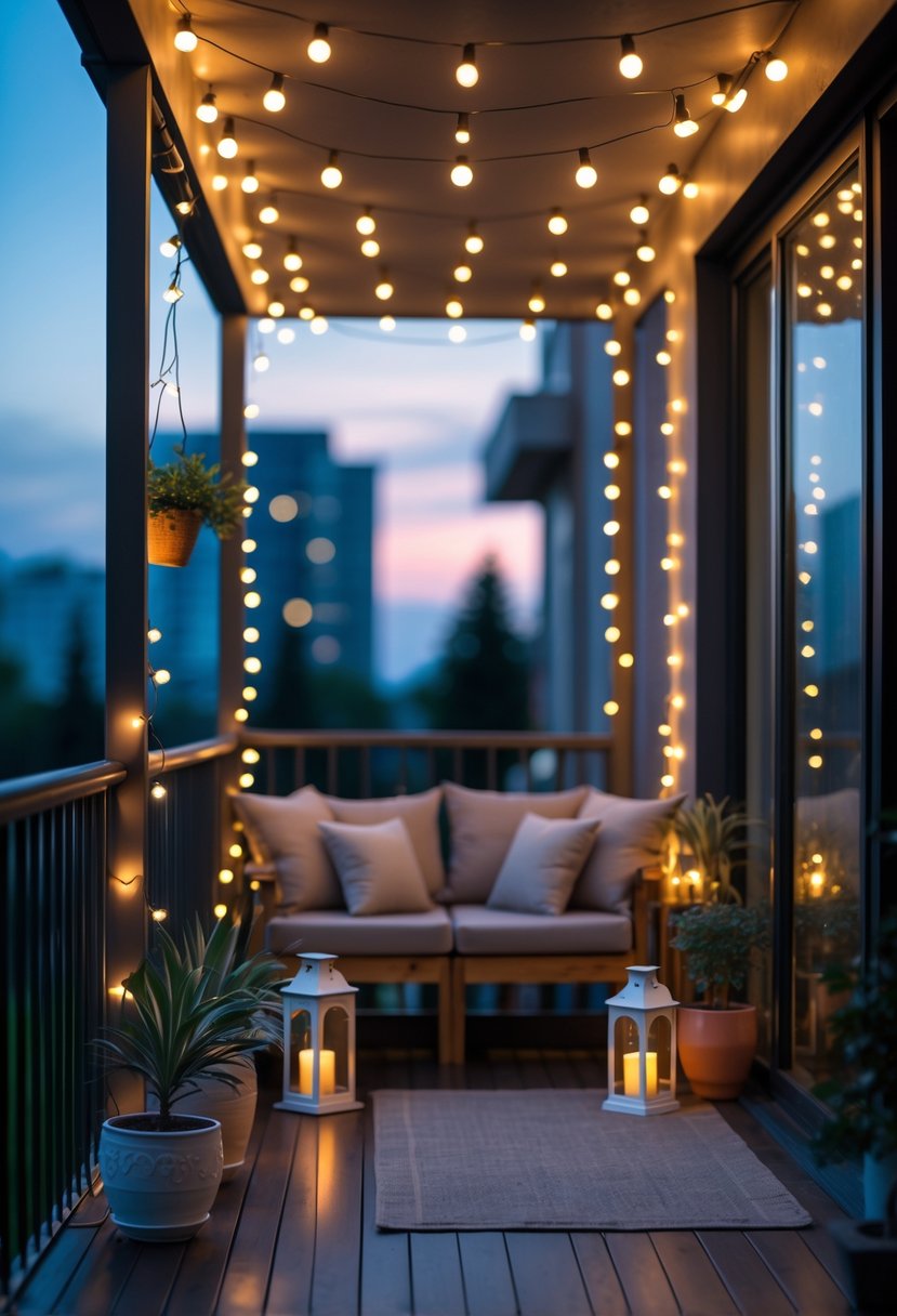An enclosed balcony lit by solar-powered string lights with seating, plants, and a wooden table at dusk.