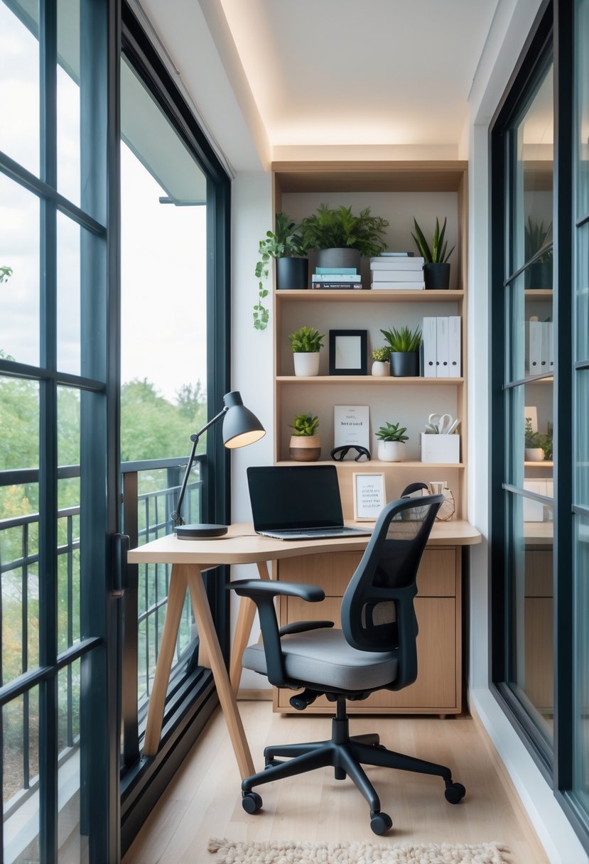 A compact home office setup on an enclosed balcony with a desk, shelves, and natural light coming through large windows.