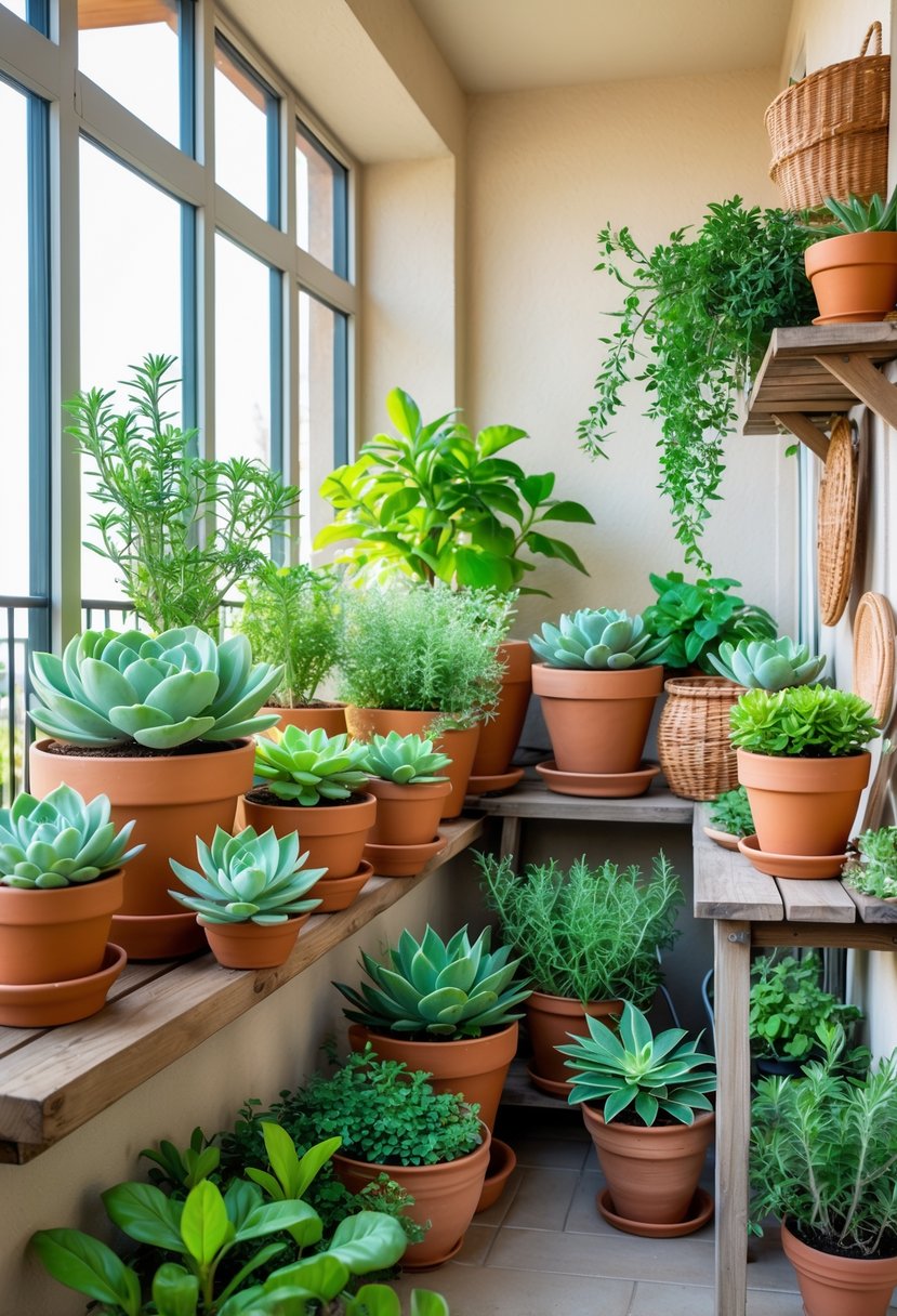 An enclosed balcony with terracotta pots containing succulents and herbs arranged on shelves and a small table.