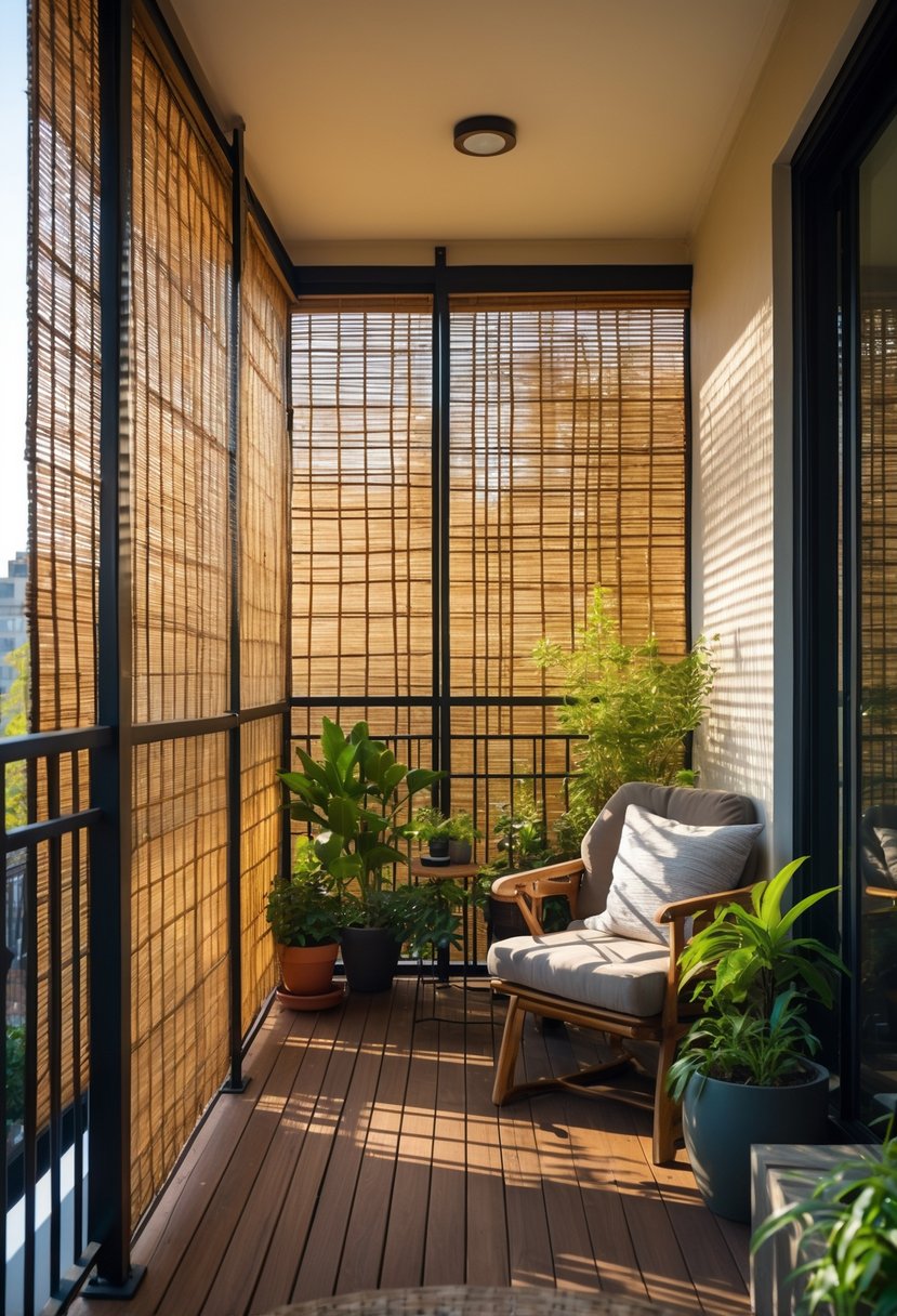An enclosed balcony with bamboo blinds providing privacy, comfortable seating, and green plants.