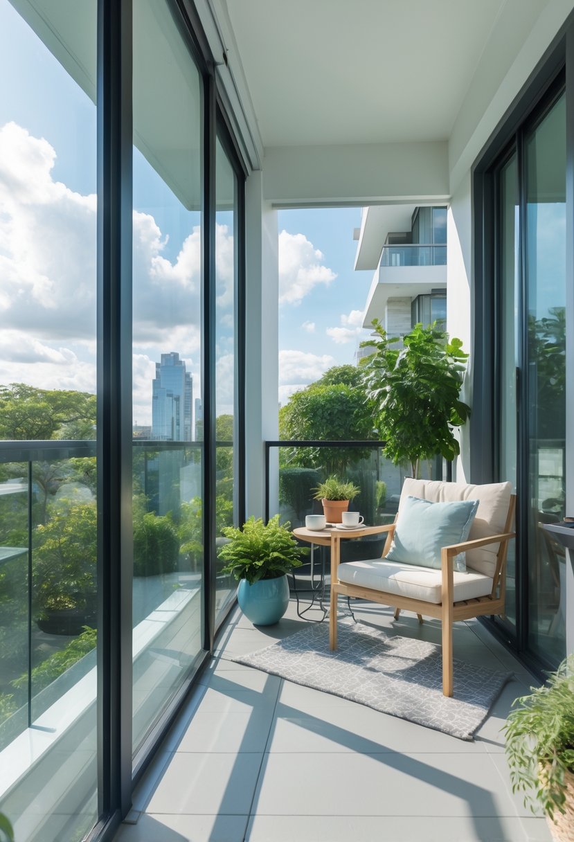 A bright enclosed balcony with glass panels, comfortable seating, plants, and a view of the outdoors.