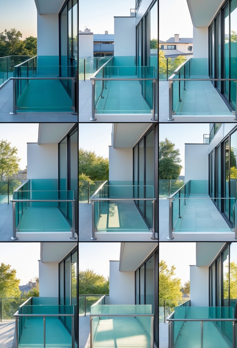 Thirteen different balconies featuring various glass railing designs in a bright outdoor setting.