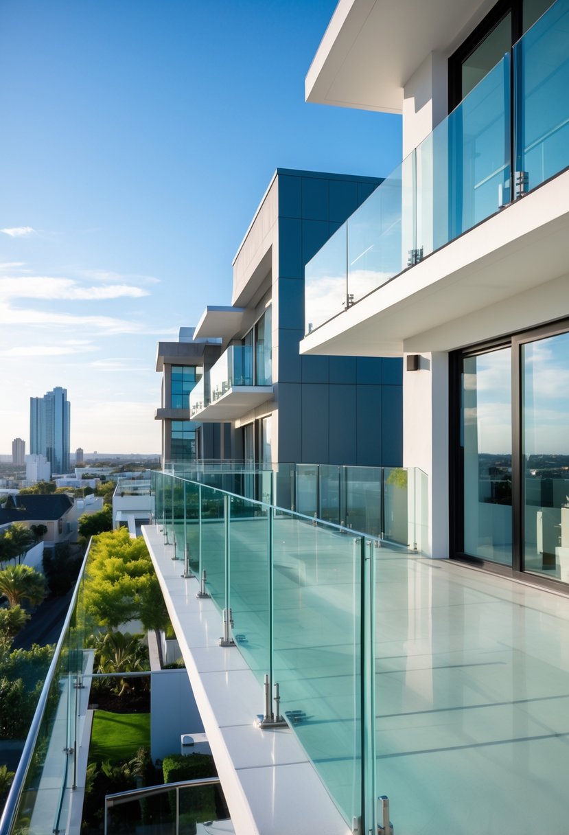 A collection of thirteen balconies featuring frameless glass railings on modern buildings under a clear sky.
