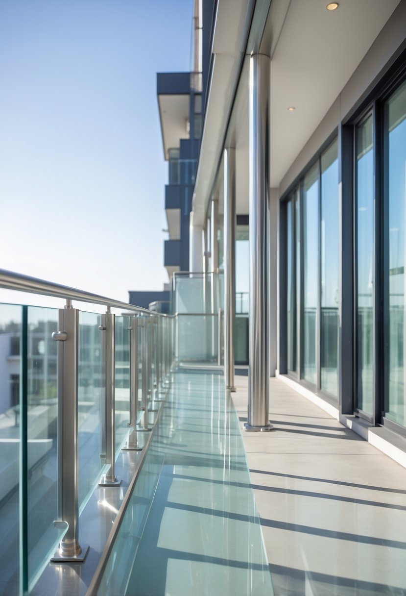 Thirteen different balcony glass railings made of stainless steel and clear glass displayed outdoors on modern building balconies.