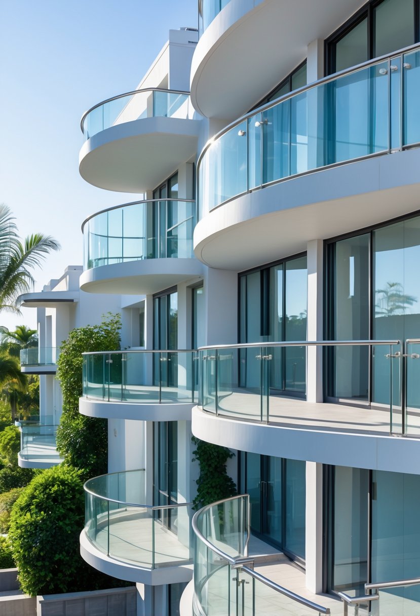 Thirteen balconies with curved glass railings on modern buildings under clear daylight.