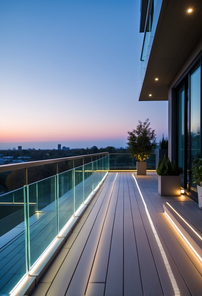A collection of thirteen balcony glass railings illuminated by LED lights, arranged outdoors with various designs and subtle lighting at dusk.