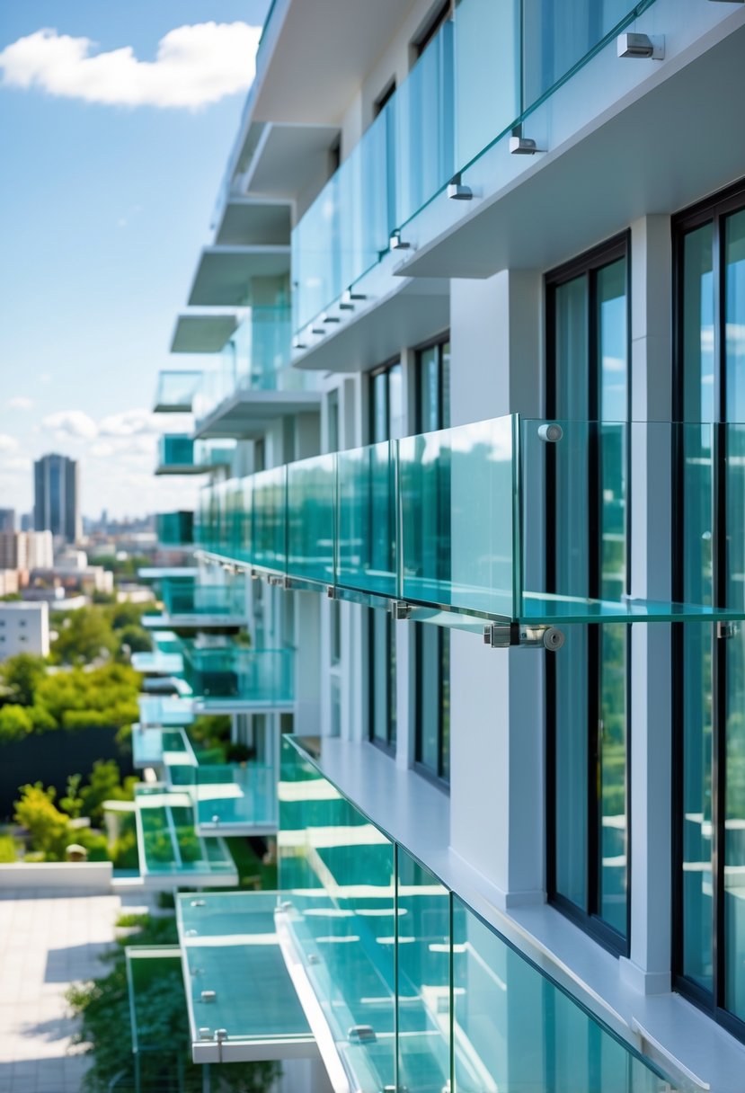 Thirteen different clear glass balcony railings displayed outdoors with city and nature backgrounds.