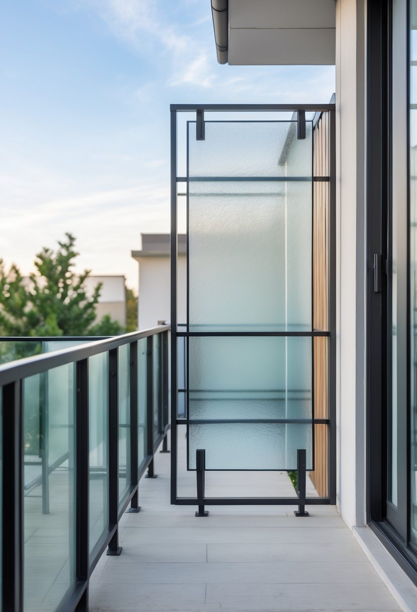 A collection of thirteen balconies with different frosted glass railings in an outdoor urban setting.