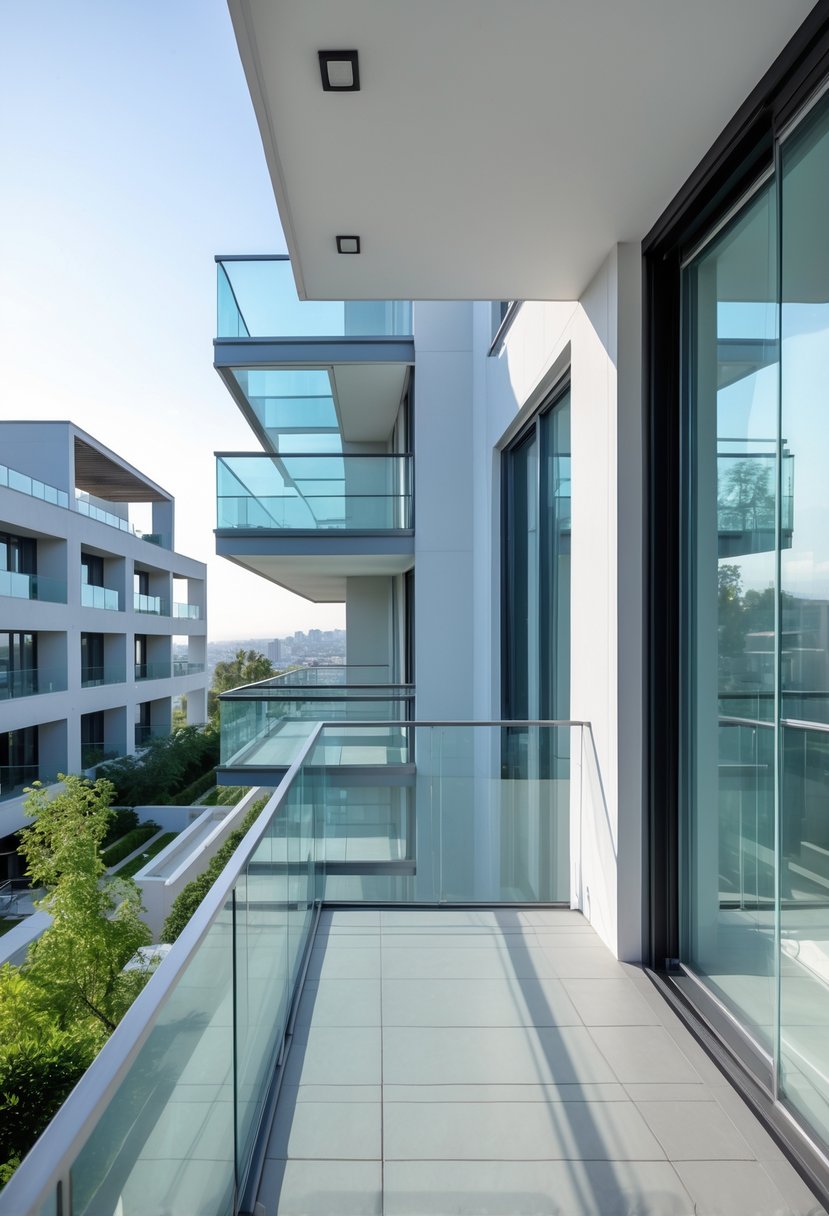 A collection of thirteen balconies with floor-to-ceiling glass railings on various modern buildings under daylight.