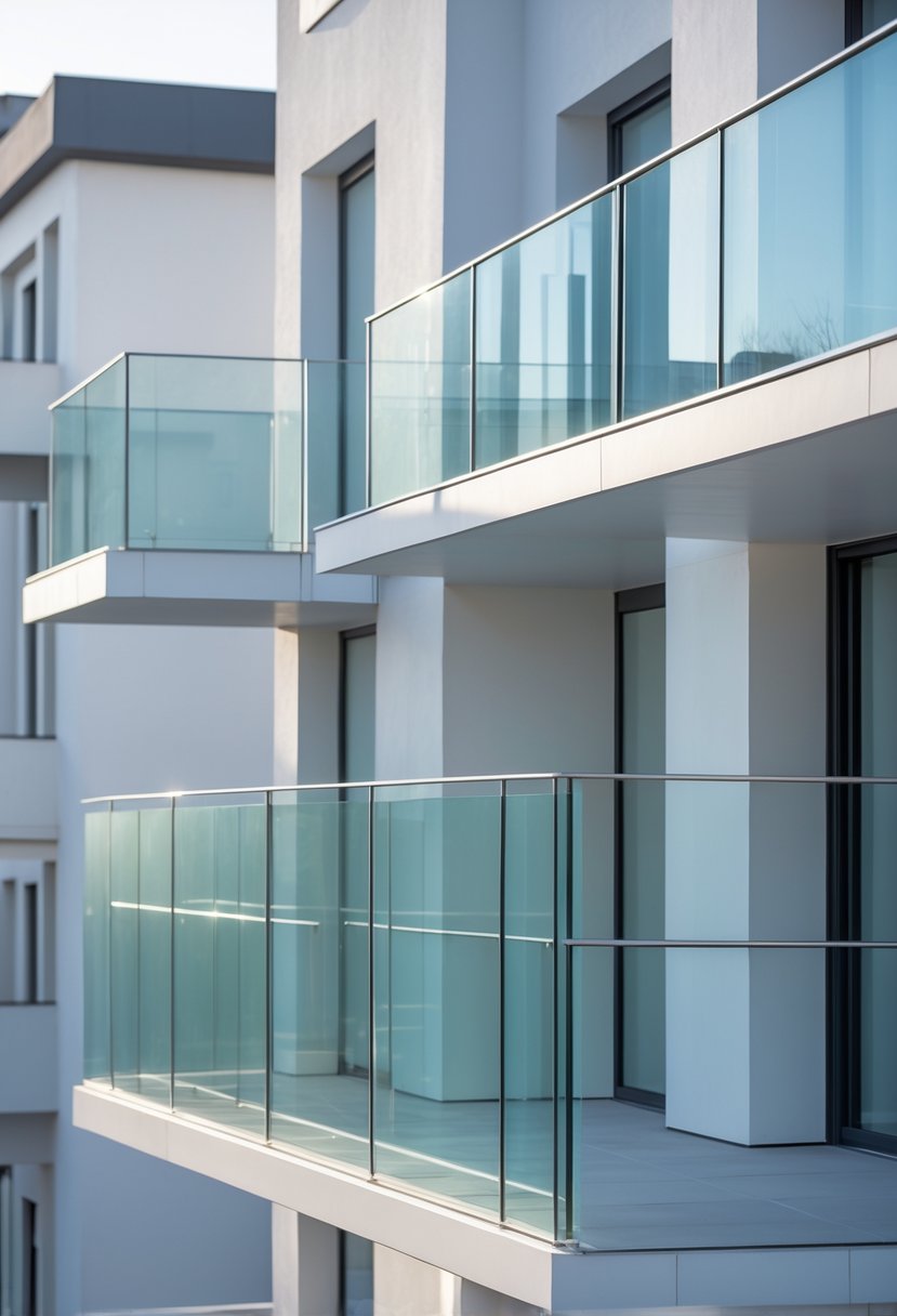 A collection of thirteen balconies with metal and glass railings on modern buildings.