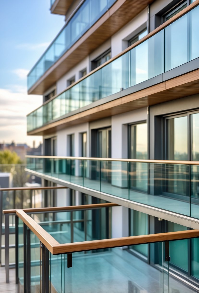 Thirteen balconies with glass railings and wooden handrails in an outdoor setting.