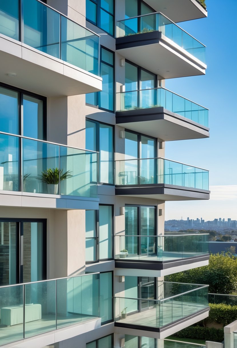 Thirteen different balcony glass railings on modern buildings shown outdoors in daylight.