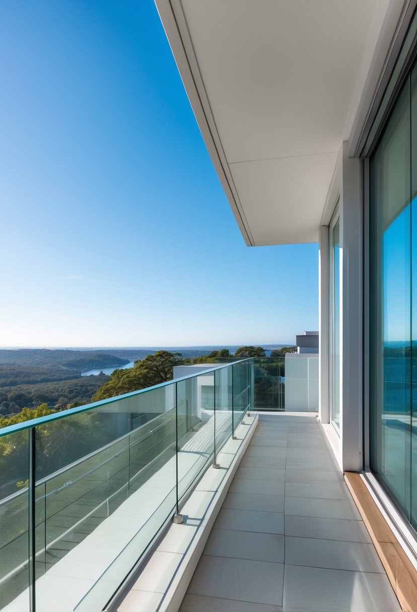 A modern outdoor balcony with a clear glass railing overlooking a scenic view.
