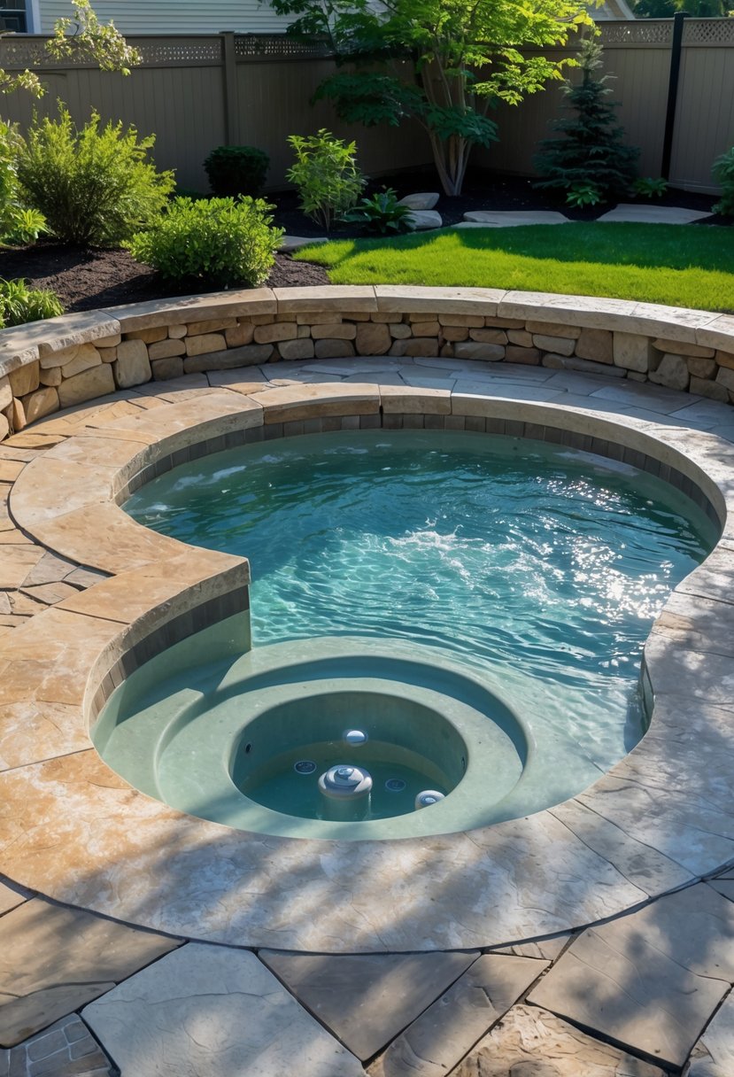 An in-ground hot tub with built-in stone seating surrounded by stone decking and greenery in a backyard.