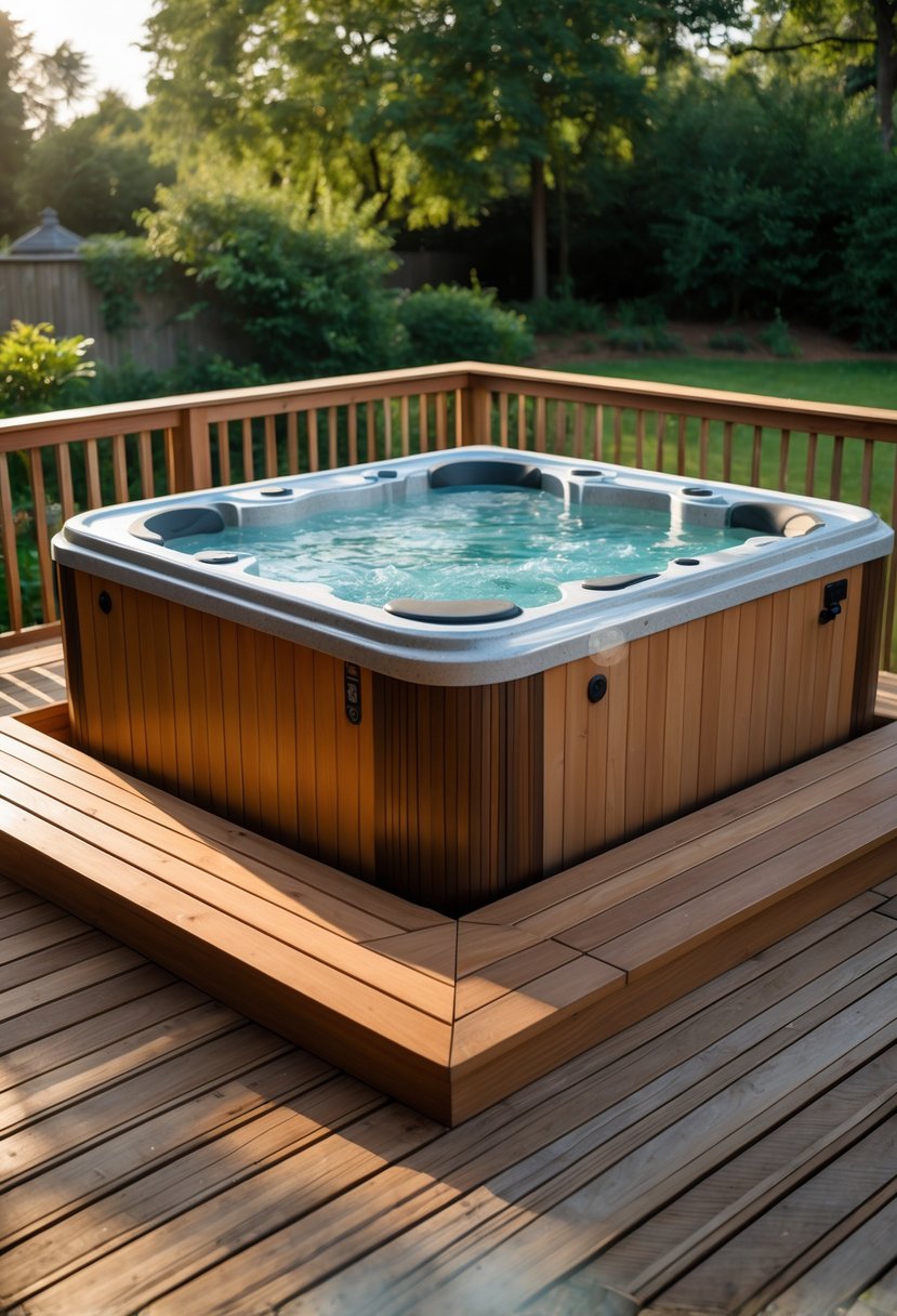 Raised hot tub on a wooden deck with built-in benches in a backyard setting.