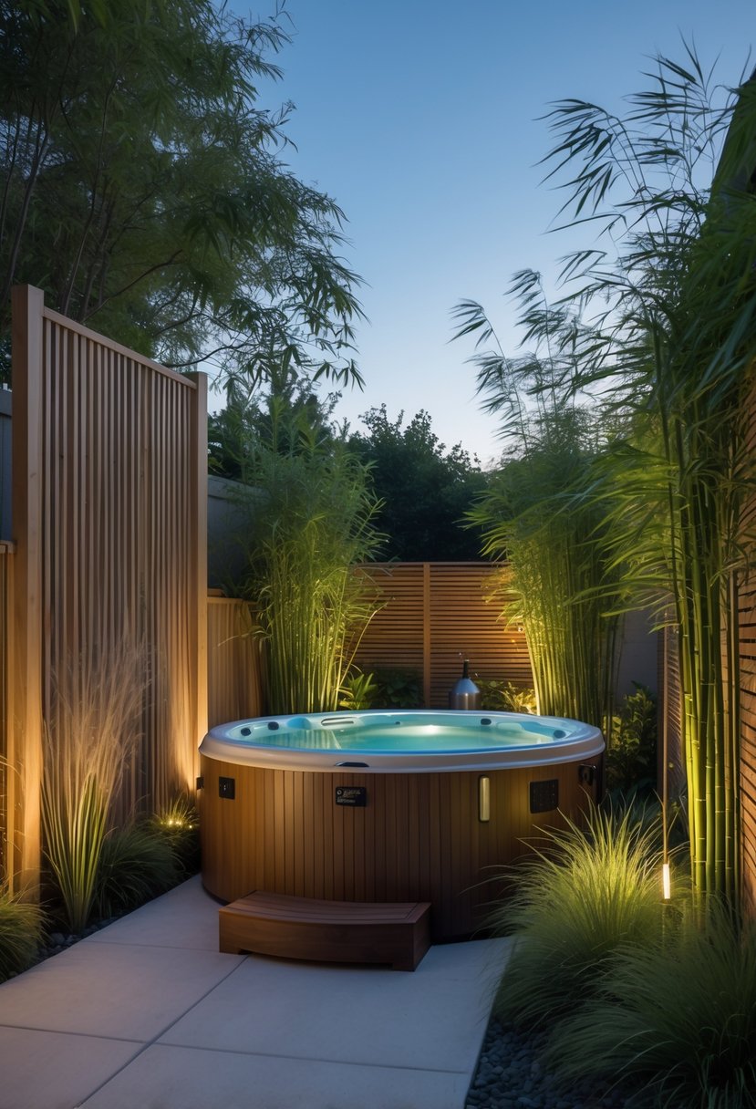 A backyard hot tub surrounded by wooden privacy screens and tall green plants.