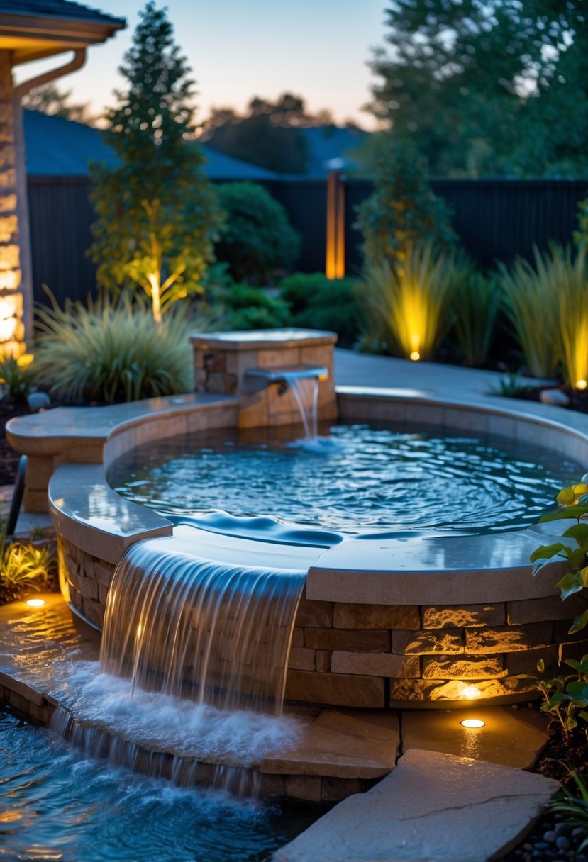 A backyard hot tub with a waterfall feature surrounded by plants and stone accents.