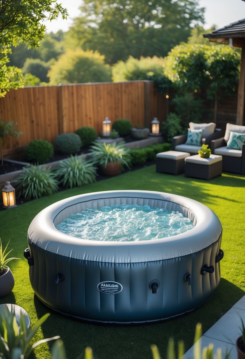 An inflatable hot tub filled with water in a backyard surrounded by grass, plants, and outdoor seating.