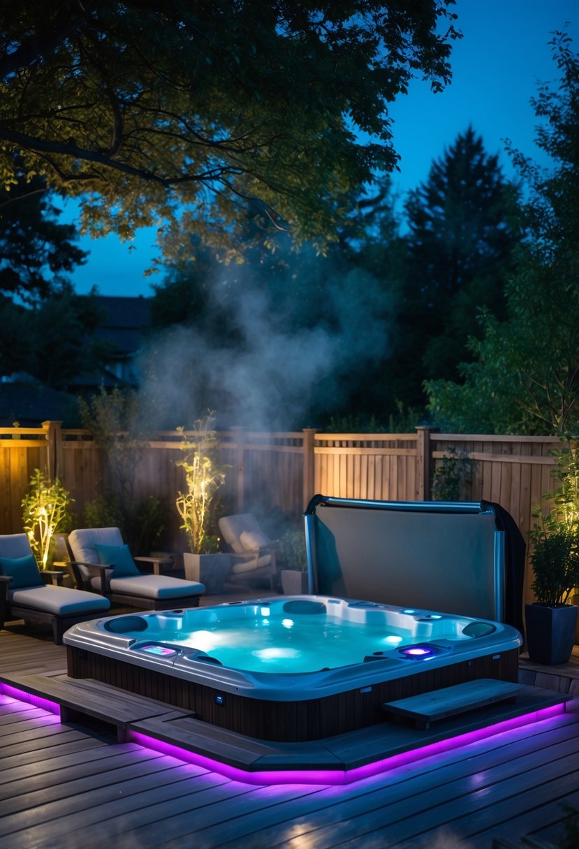 Backyard hot tub on a wooden deck illuminated by colorful LED lights at night with surrounding seating and garden plants.