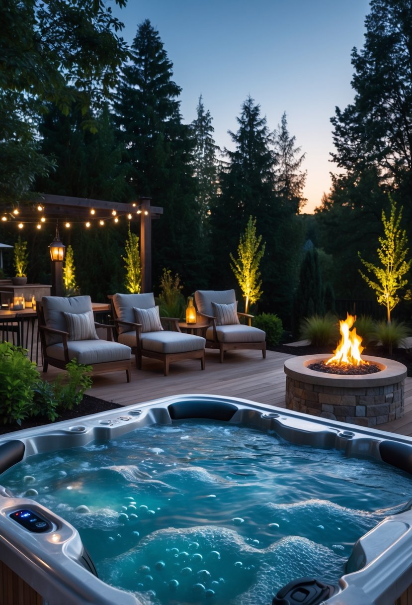 Backyard hot tub next to a fire pit seating area with chairs and surrounding greenery.
