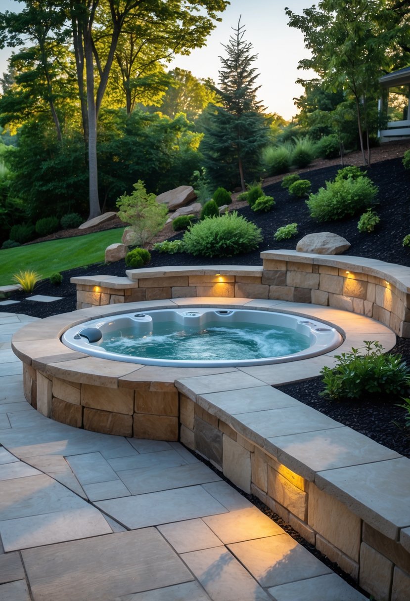 Backyard hot tub built into a sloped patio surrounded by greenery and natural stone.