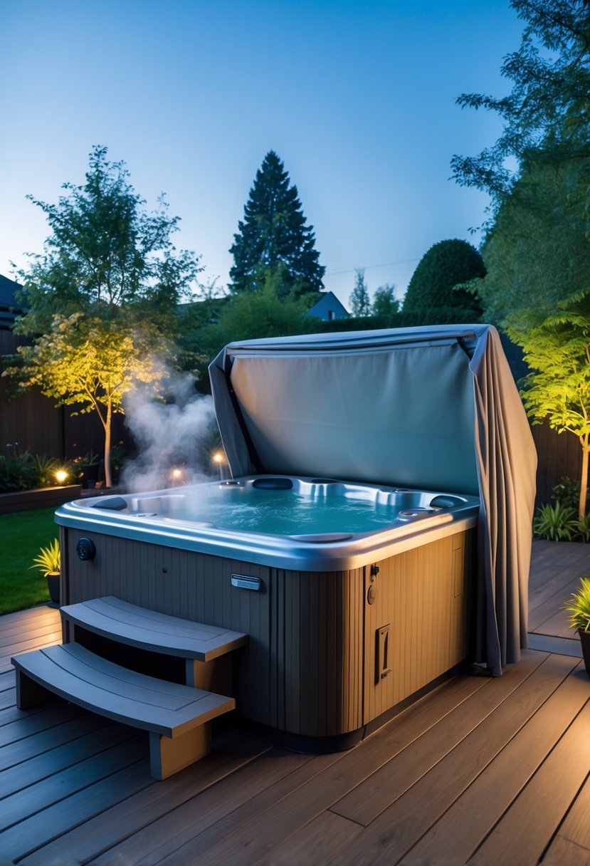 Backyard hot tub with a retractable cover partially open, surrounded by wooden deck and plants.