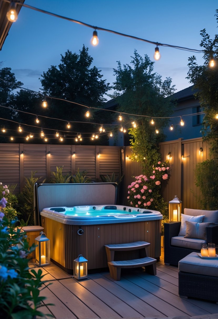 A backyard hot tub surrounded by wooden decking, soft lights, comfortable seating, and lush plants at twilight.