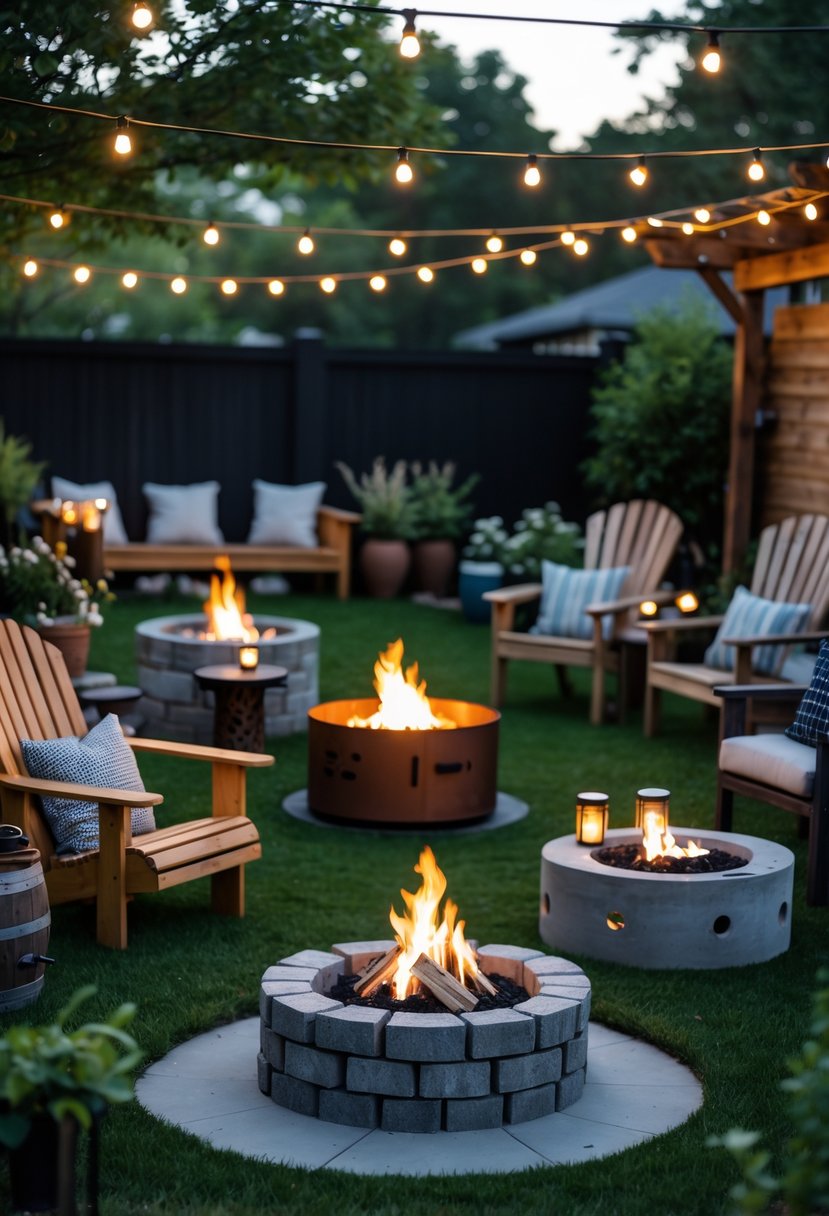 A backyard with twelve different budget-friendly fire pits surrounded by outdoor seating, plants, and string lights in the evening.