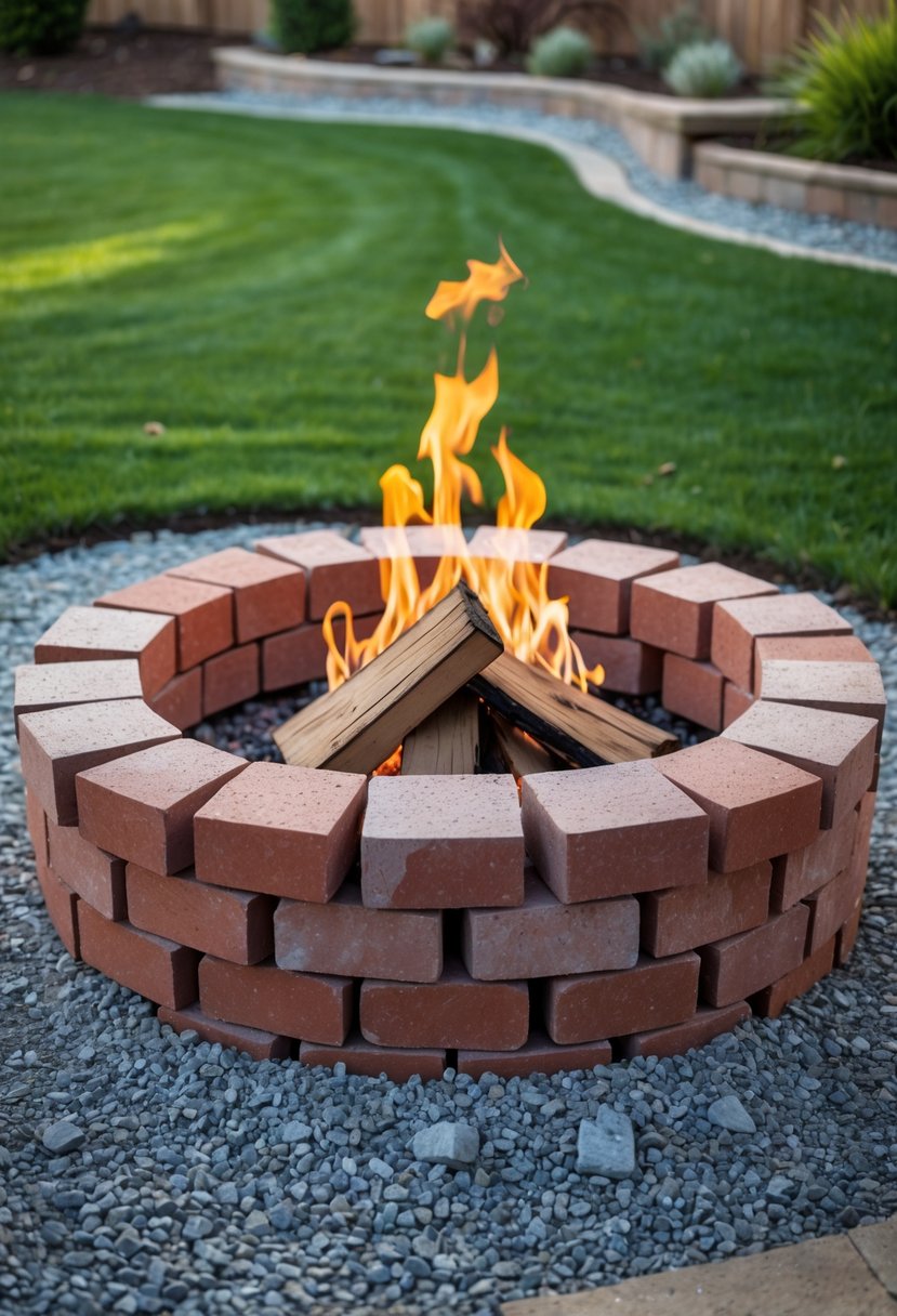 A backyard with a circular brick fire pit surrounded by a gravel base and green grass.