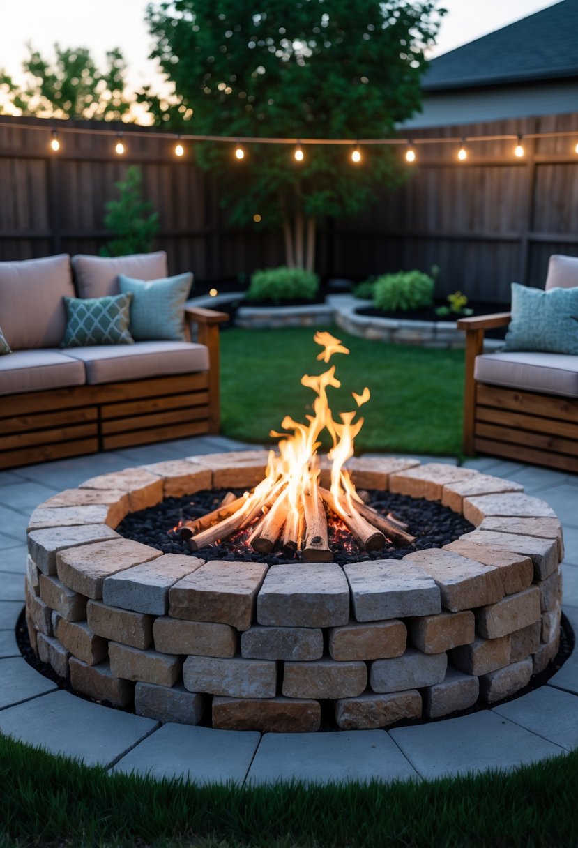 Backyard with a circular fire pit made of reclaimed stone, surrounded by outdoor seating and greenery, with flames burning in the fire pit.