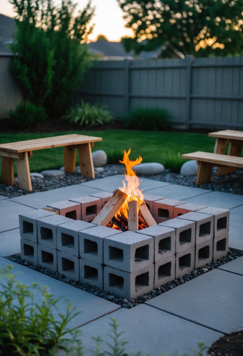 A backyard with a square cinder block fire pit surrounded by outdoor seating and greenery.