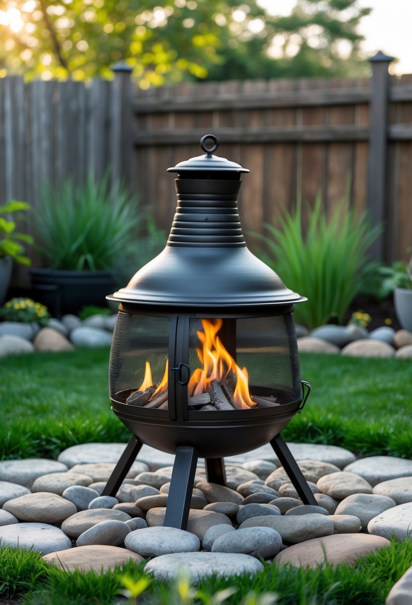 A metal chiminea on a circular stone patio surrounded by grass and plants in a backyard.