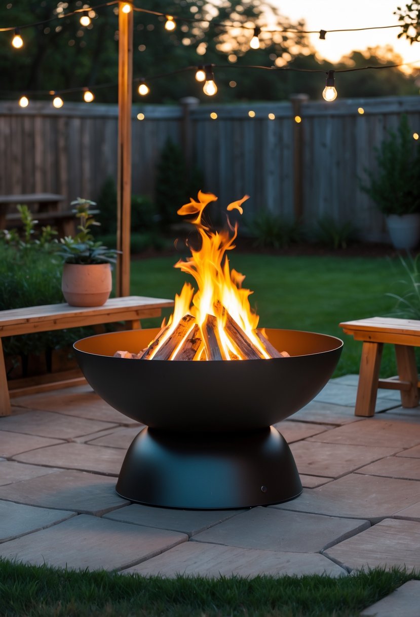 A portable steel fire pit bowl glowing with flames in a backyard surrounded by wooden benches, plants, and string lights.