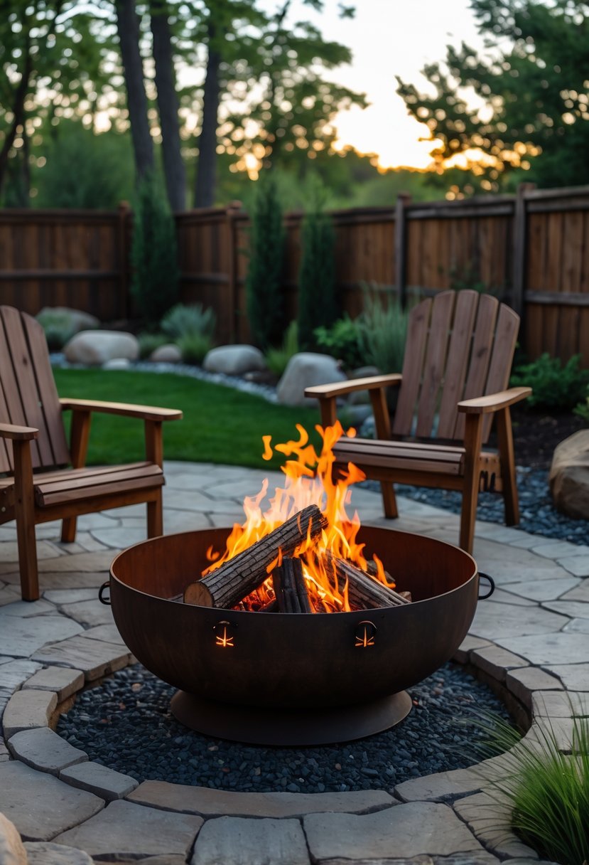 A backyard with a wood-burning fire pit ring surrounded by wooden chairs and green grass during early evening.