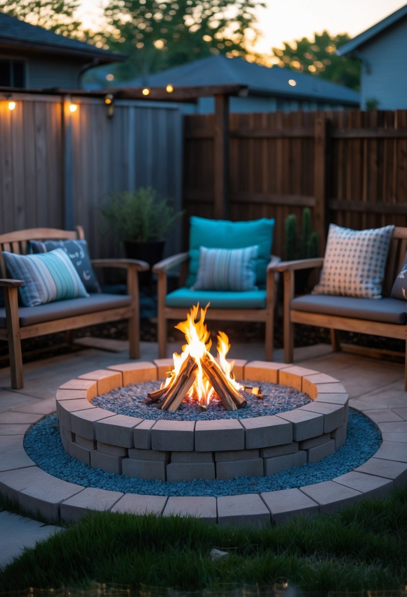 Backyard with a circular pea gravel fire pit surrounded by outdoor seating and greenery.