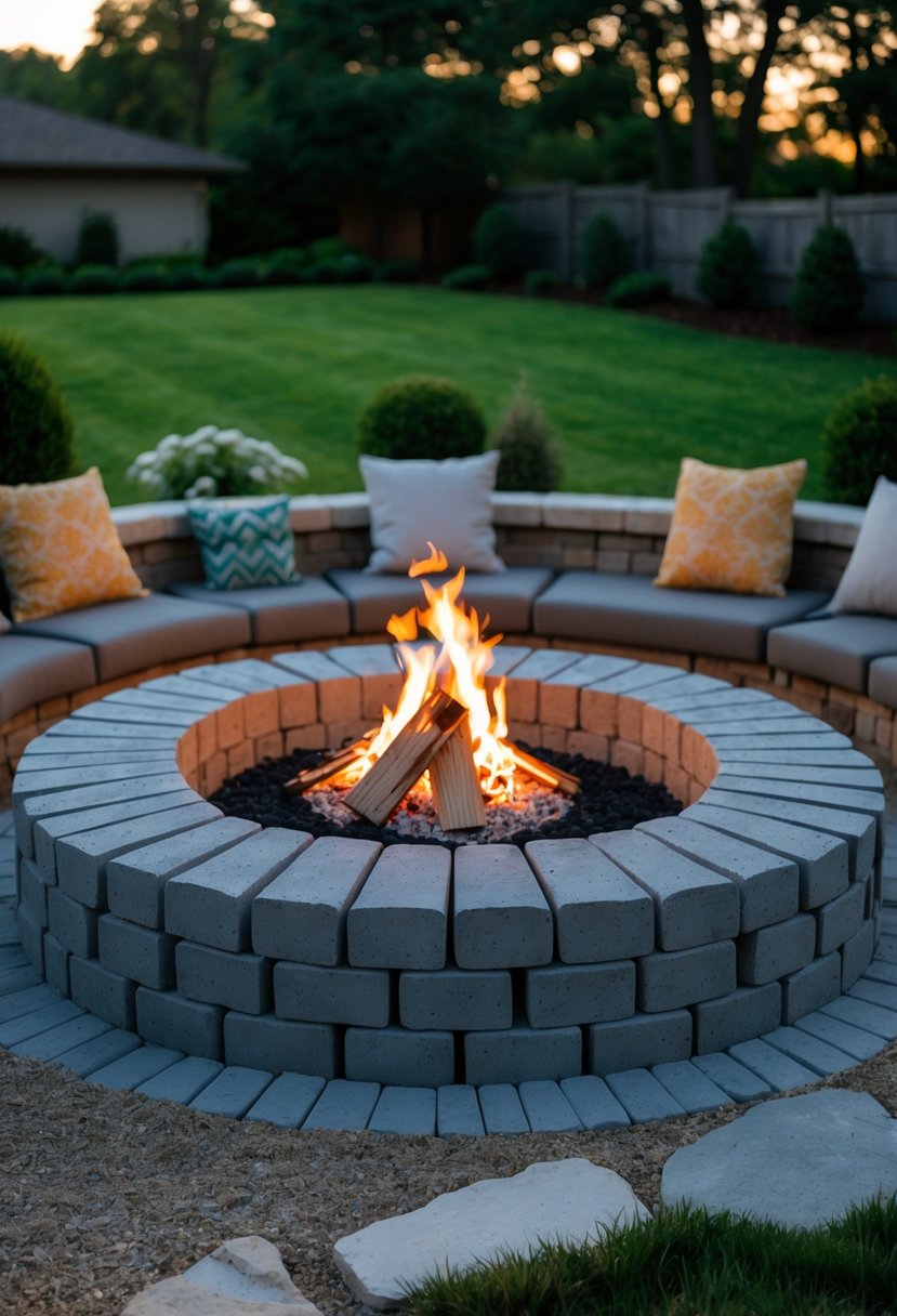 A backyard with a circular concrete paver fire pit lit with flames, surrounded by outdoor seating and greenery.