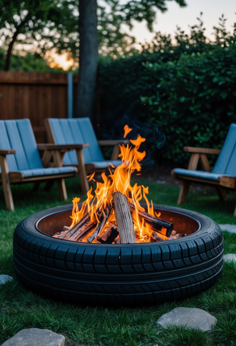 A backyard fire pit made from an old tire rim with burning flames, surrounded by outdoor seating and greenery.