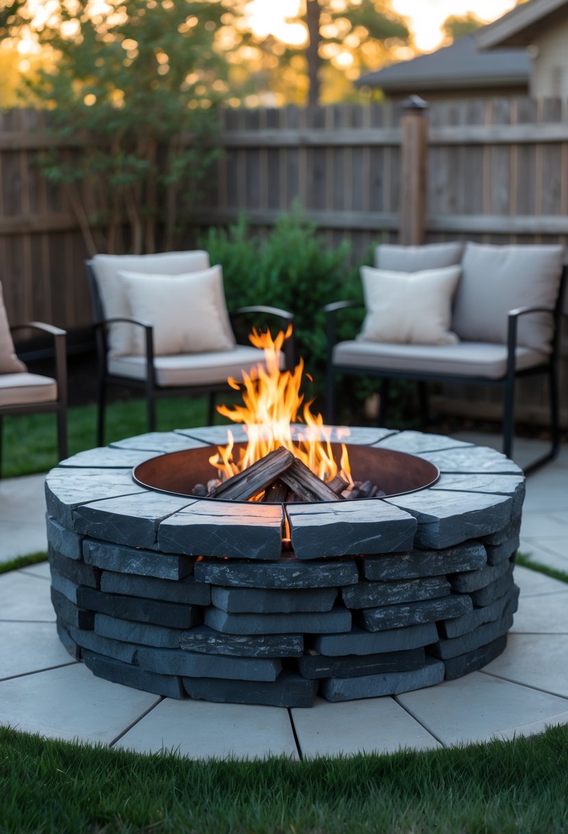A backyard with a circular stacked slate fire pit burning fire, surrounded by outdoor seating and greenery.