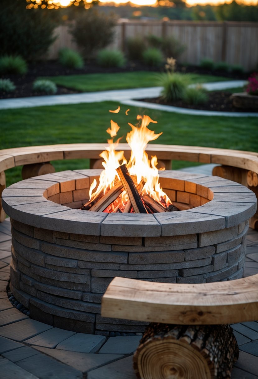 A backyard fire pit with a stone fire pit and rustic log seating arranged around it.