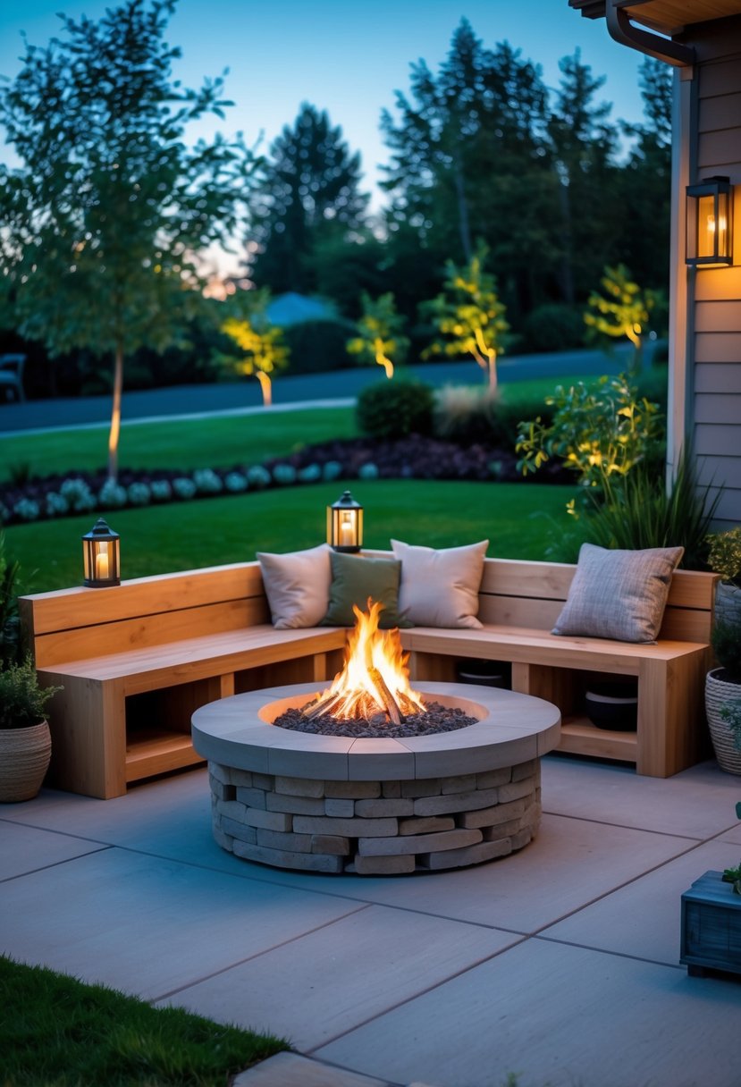 Backyard fire pit with a wooden bench that has storage, surrounded by greenery and soft evening lighting.