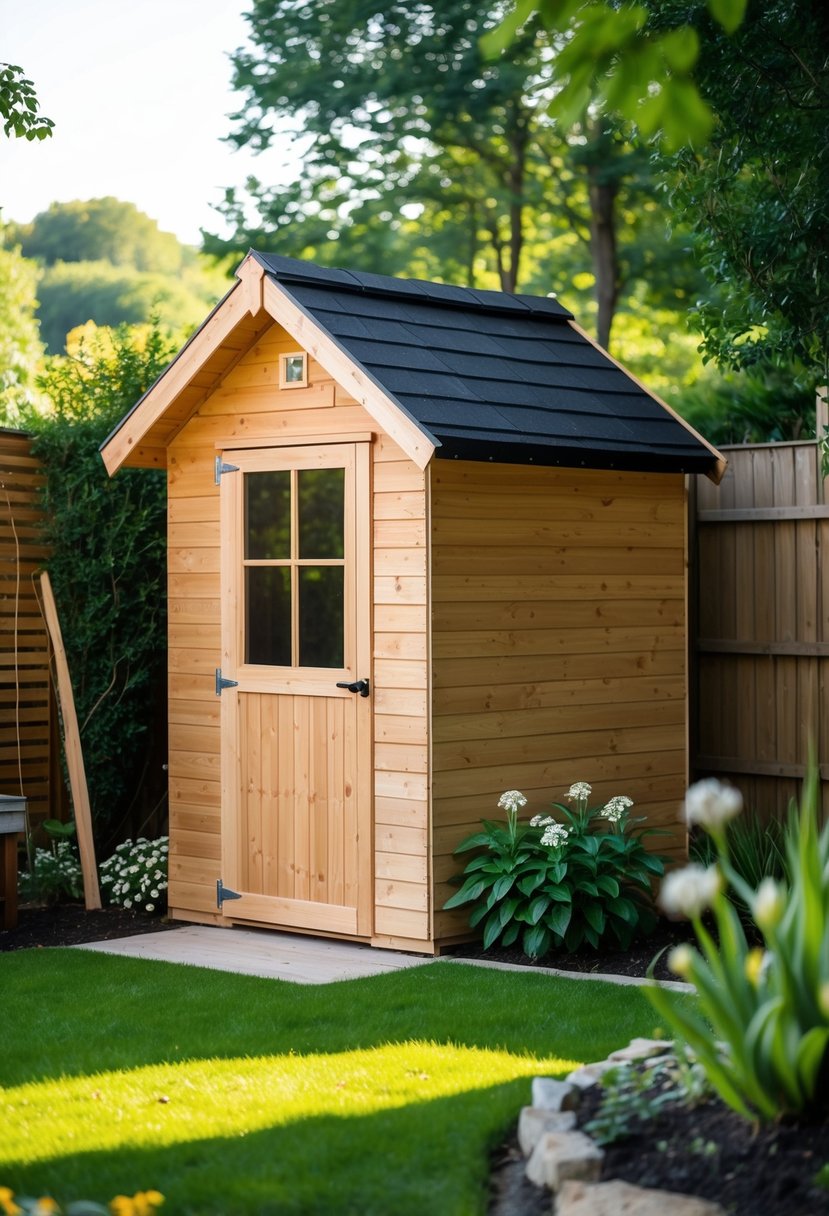 A small wooden lean-to shed with a slanted roof in a backyard surrounded by grass, plants, and a wooden fence.