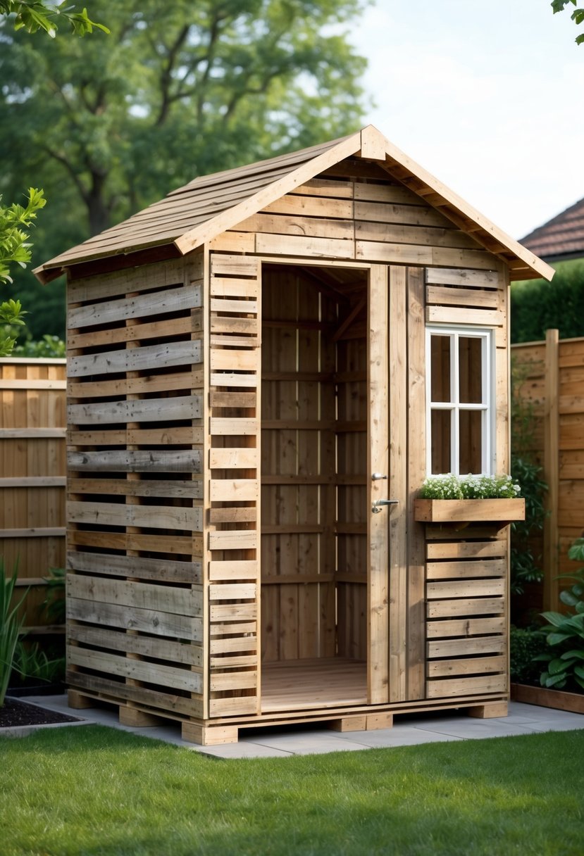A small backyard shed made from recycled pallet wood surrounded by grass and garden plants.